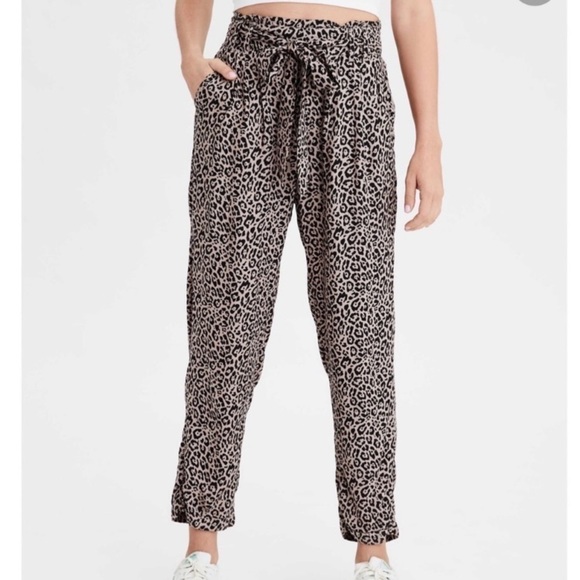 AE high Rise Leopard  cheetah animal Print Paper bag Pant wide leg size XS‎ NWT - Picture 2 of 14